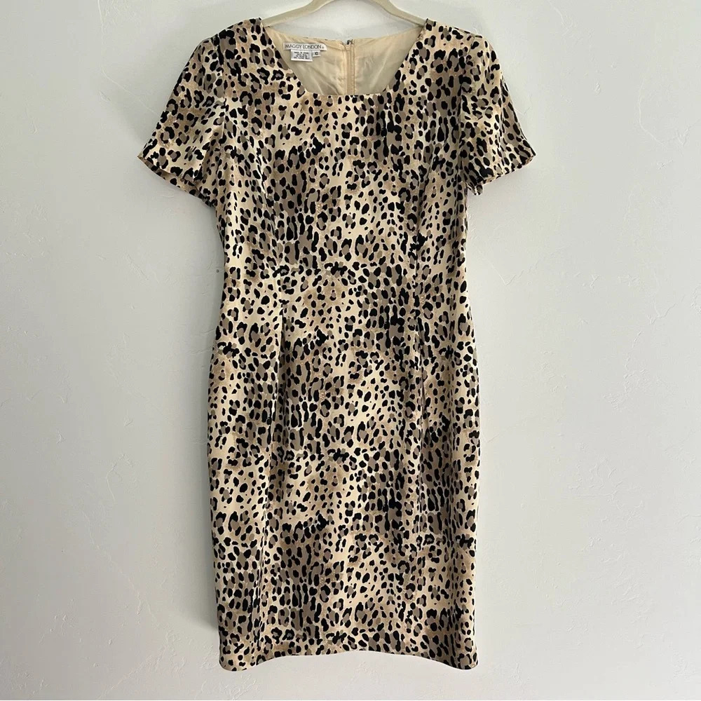 Vintage 90's Maggy London Leopard Print Silk Dress Size 10 Cocktail Business